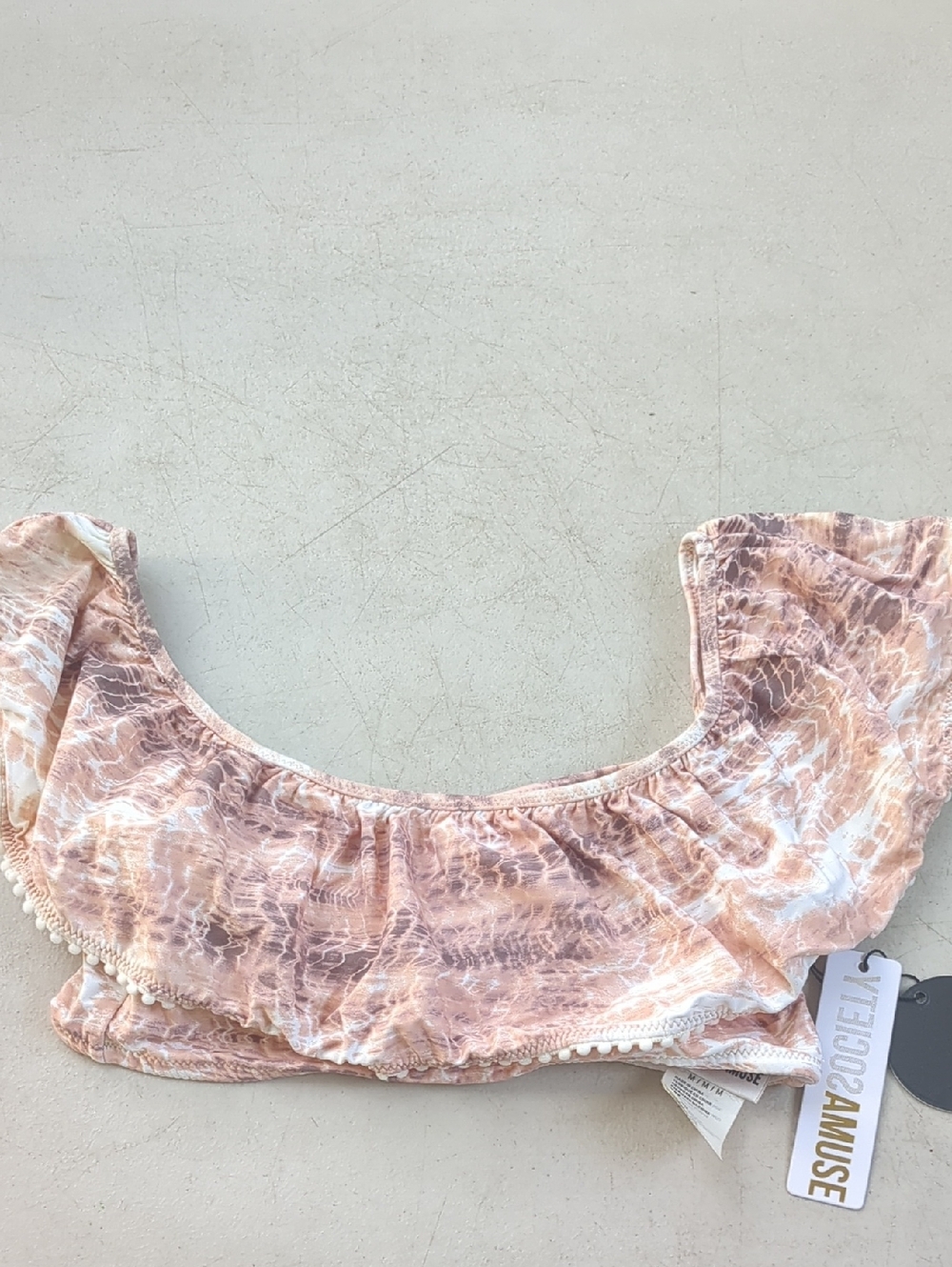 Amuse Society Peach Marble Off-Shoulder Bikini Top with Pom Trim